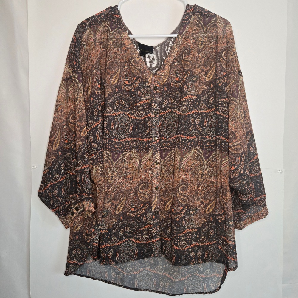 Jeans by Buffalo Paisley Crochet Lace Back Blouse XL Brown Orange Boho Top